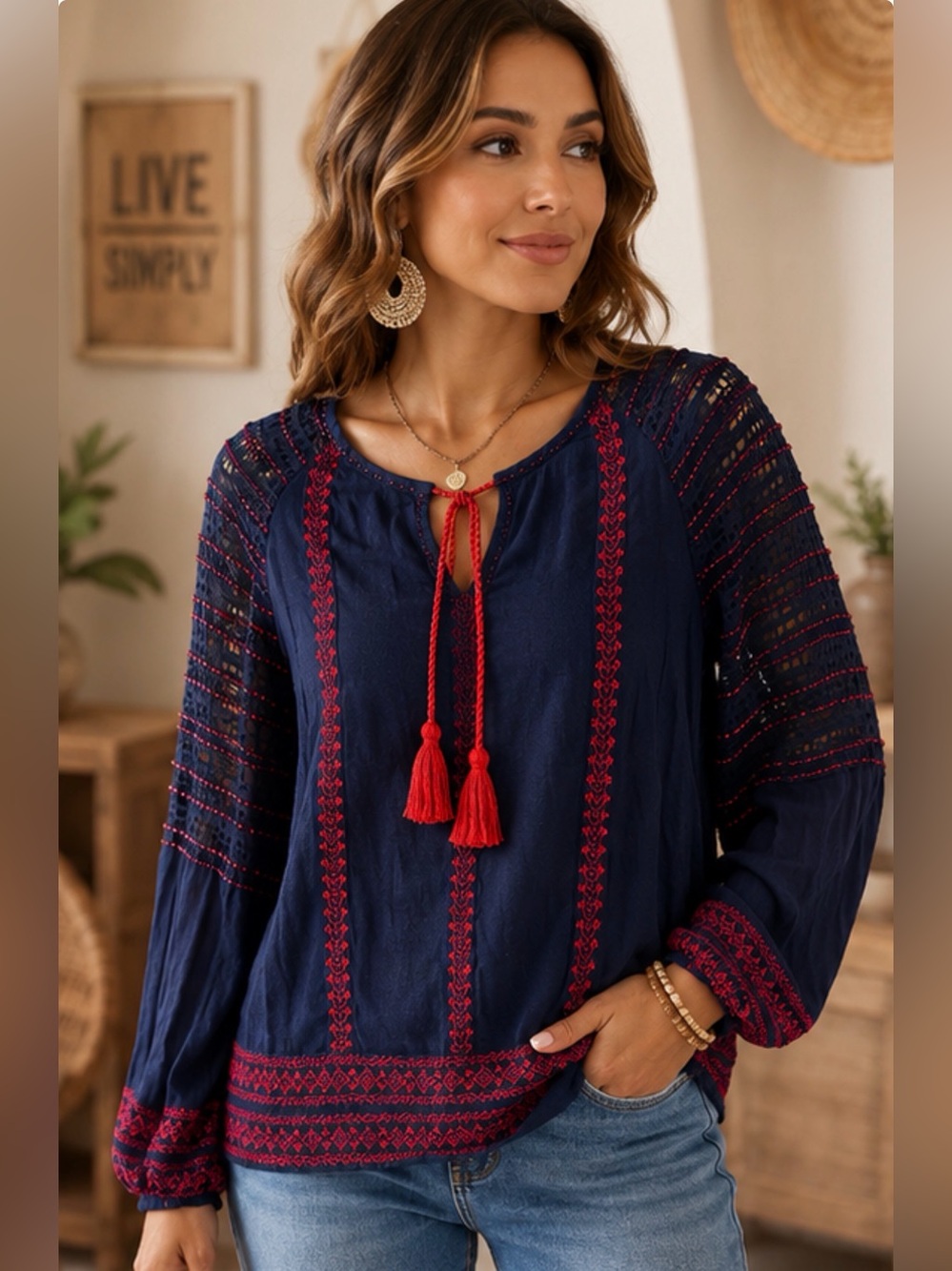 KOOZ Boho Embroidered Peasant Blouse Navy Red Tassel Tie Crochet Sleeve Top